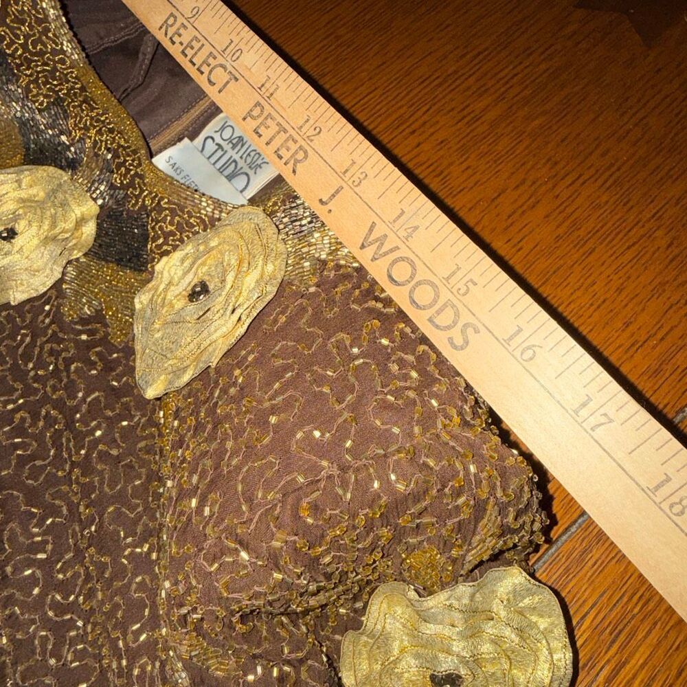 Vintage Joan Leslie Studio Silk Beaded Floral Top Saks Fifth Avenue 2X Brown Gol - Picture 11 of 15